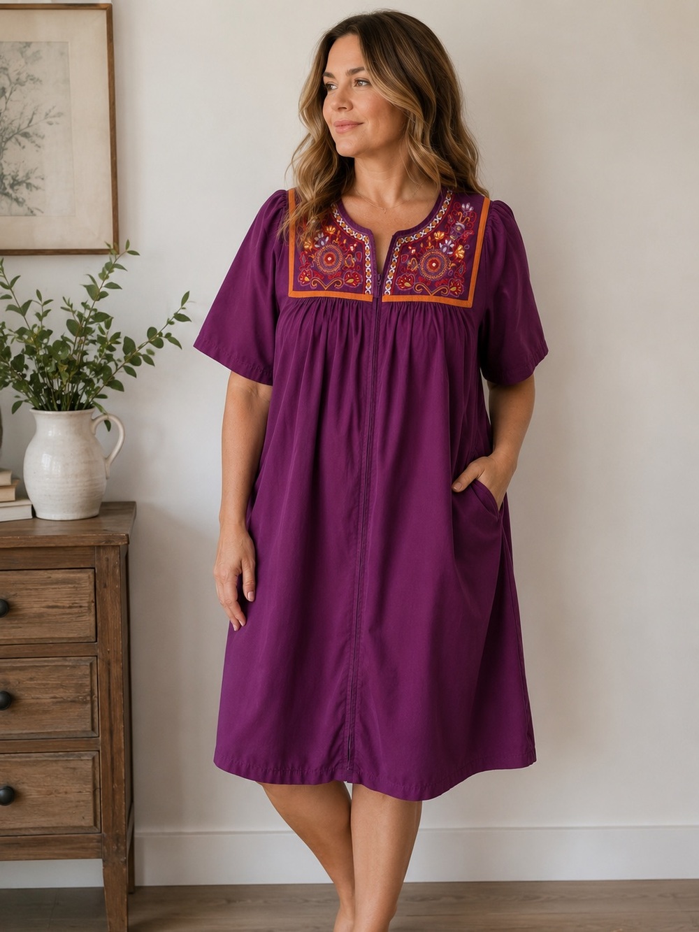Go Softly Patio Embroidered Zip Front House Dress Lounger Caftan Pockets Size L